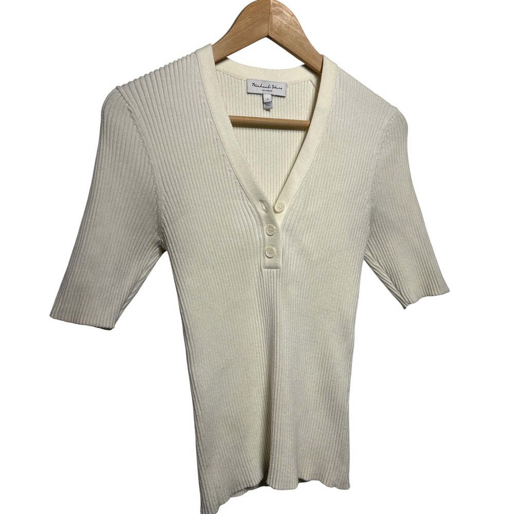 Michael Stars Jenny Ribbed Henley Short Sleeve Sweater Cream Size S Retail: $148